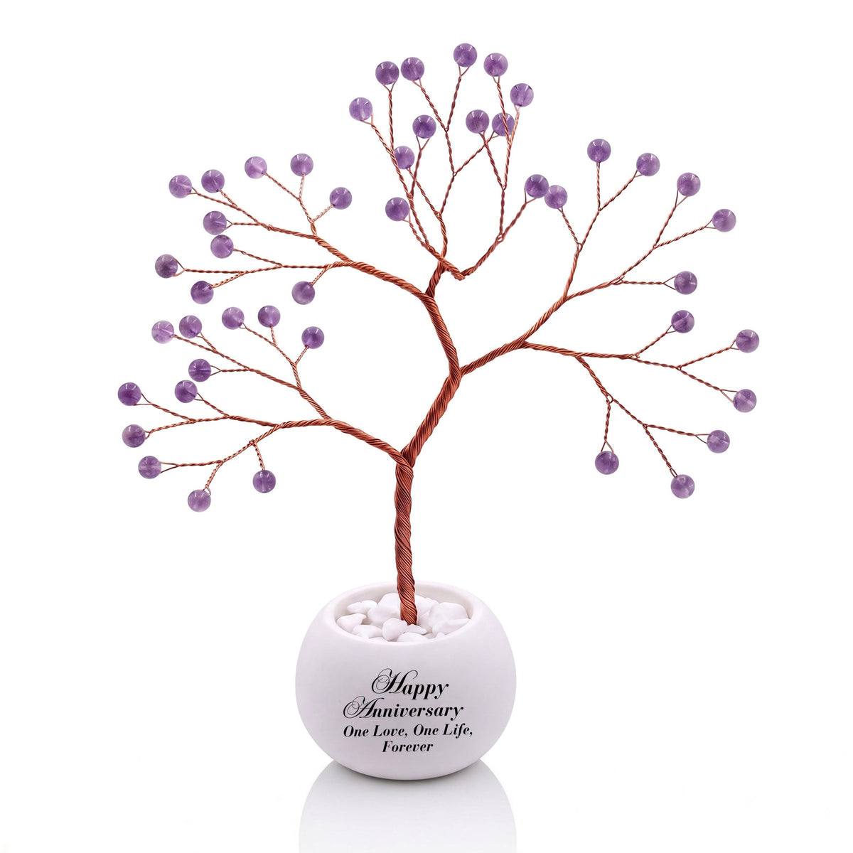 Small handmade wire Tree of Life with polished grape purple amethyst beads on copper wire, in a white round bowl printed with Happy Anniversary One Love, One Life, Forever