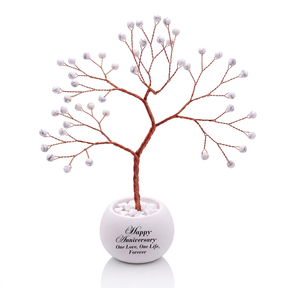 Small handmade wire Tree of Life with polished white howlite beads with grey veining on copper wire, in a white round bowl printed with Happy Anniversary One Love, One Life, Forever