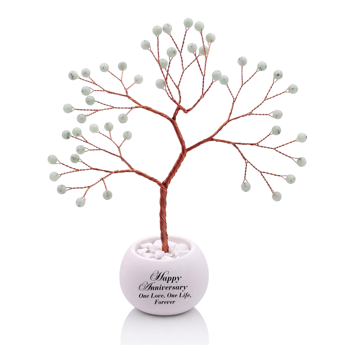Small handmade wire Tree of Life with polished celadon green hemimorphite beads on copper wire, in a white round bowl printed with Happy Anniversary One Love, One Life, Forever