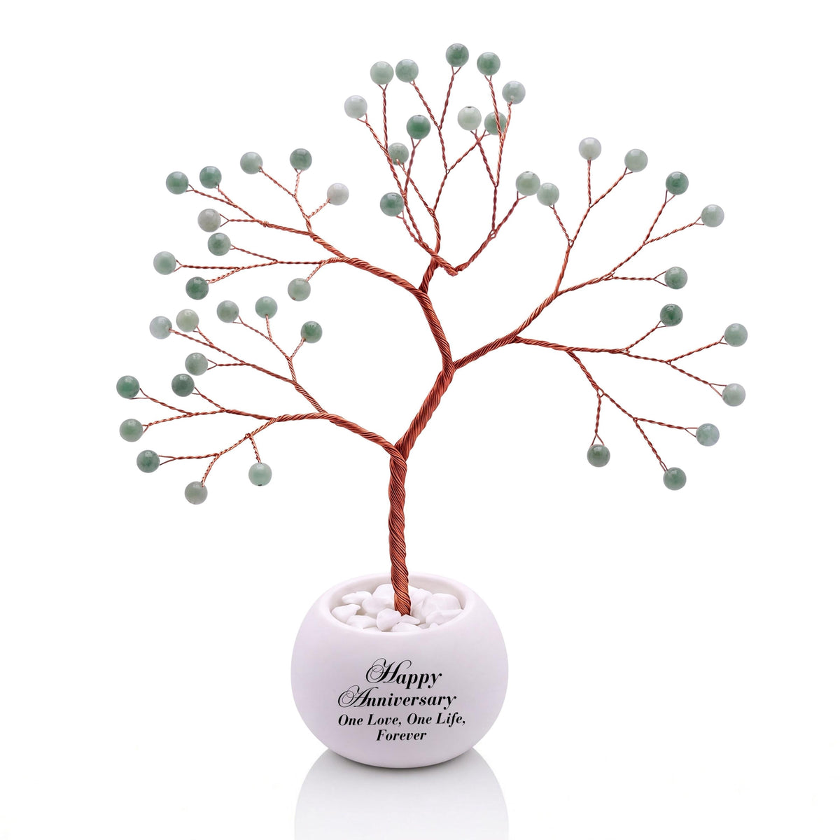 Small handmade wire Tree of Life with polished spring leaf green jadeite beads on copper wire, in a white round bowl printed with Happy Anniversary One Love, One Life, Forever