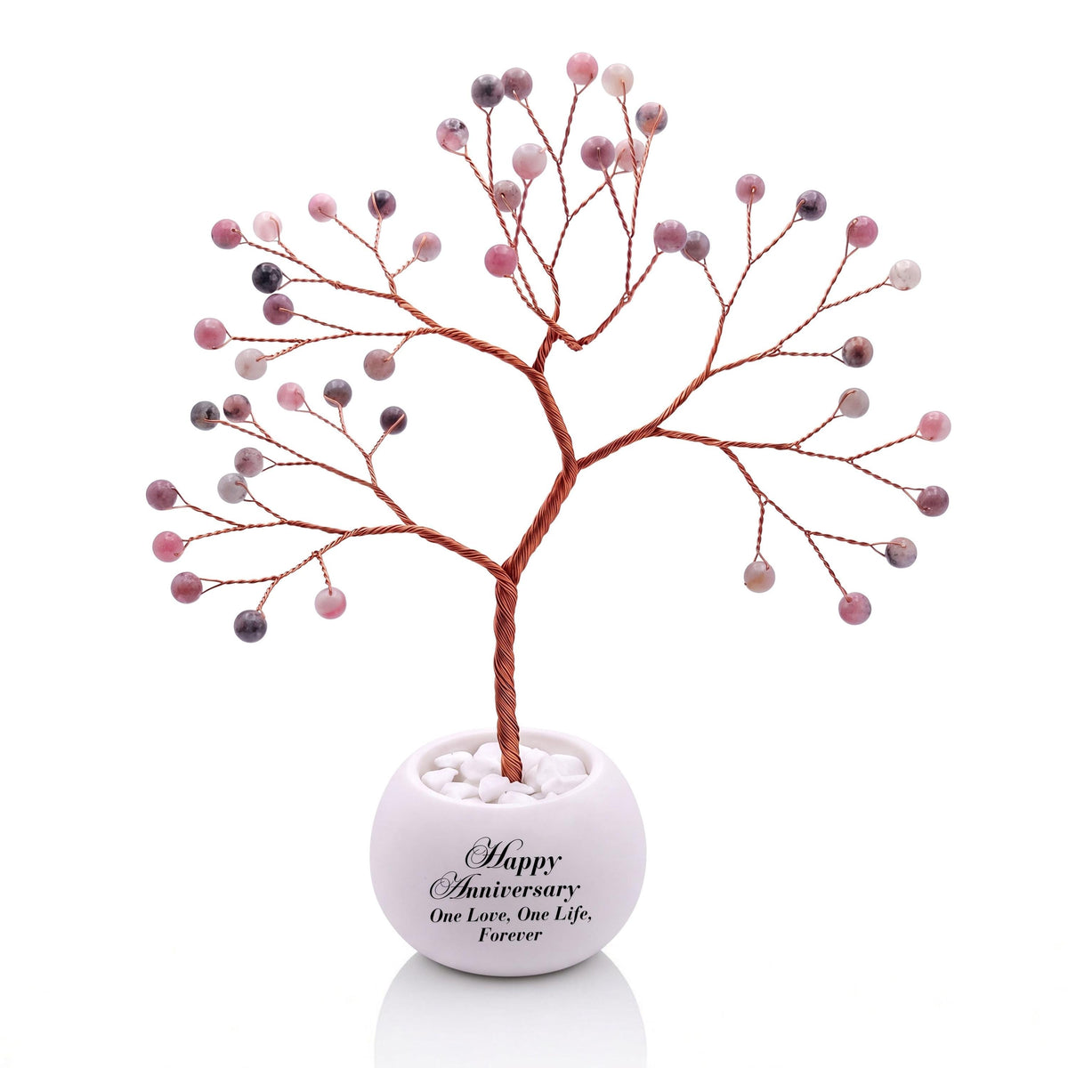 Small handmade wire Tree of Life with polished lingonberry pink thulite beads on copper wire, in a white round bowl printed with Happy Anniversary One Love, One Life, Forever