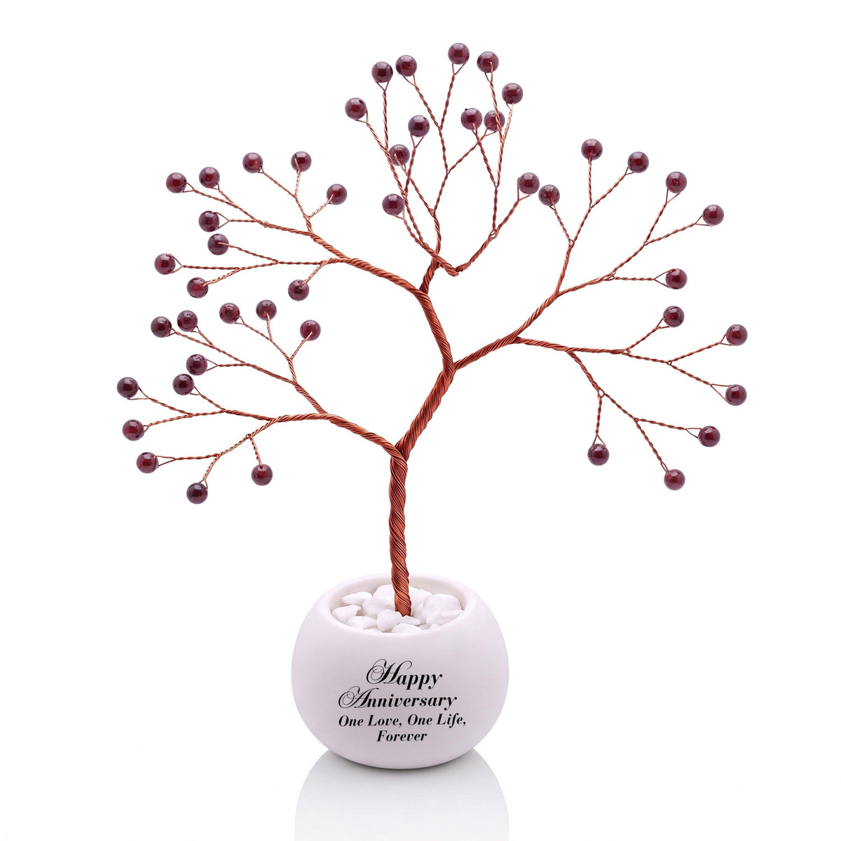 Small handmade wire Tree of Life with polished black cherry red garnet beads on copper wire, in a white round bowl printed with Happy Anniversary One Love, One Life, Forever