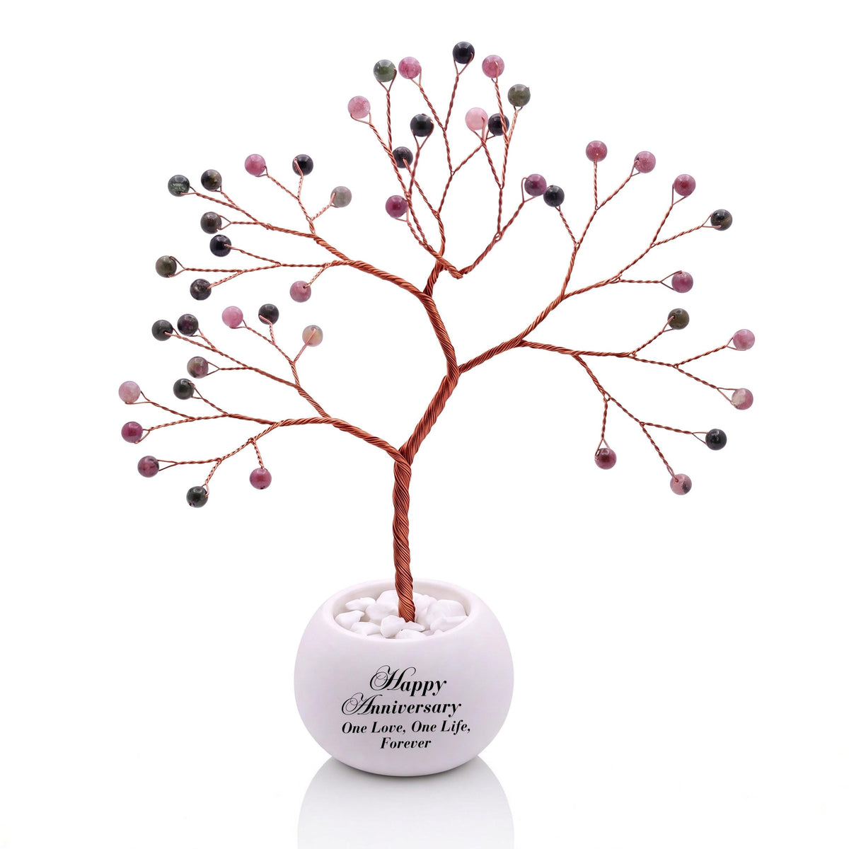 Small handmade wire Tree of Life with polished rhubarb pink and sage green tourmaline beads on copper wire, in a white round bowl printed with Happy Anniversary One Love, One Life, Forever