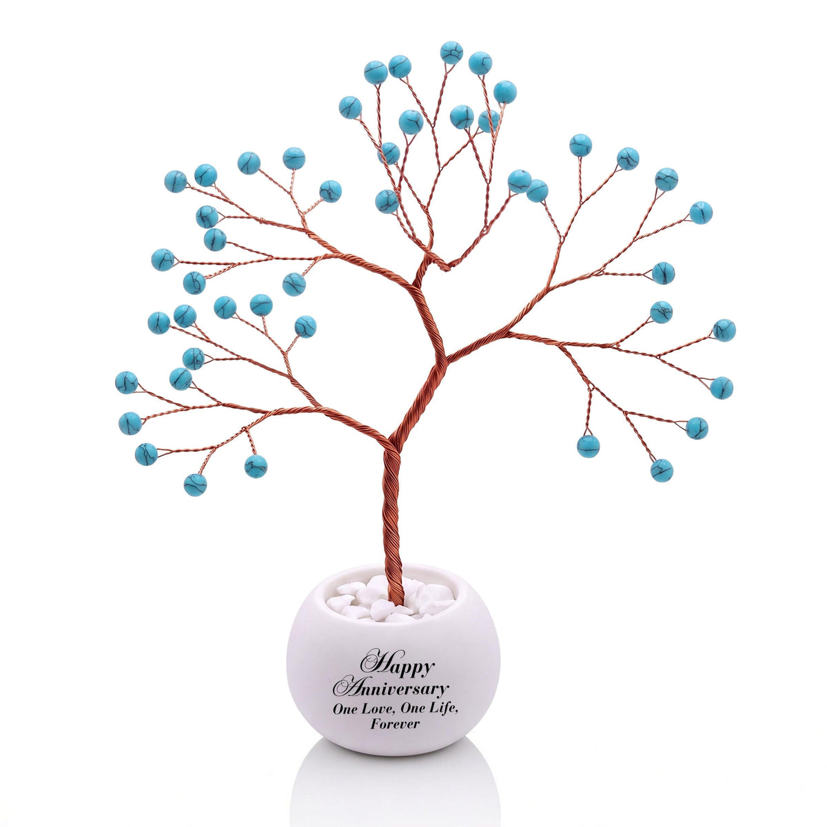 Small handmade wire Tree of Life with polished robin's egg blue howlite beads on copper wire, in a white round bowl printed with Happy Anniversary One Love, One Life, Forever