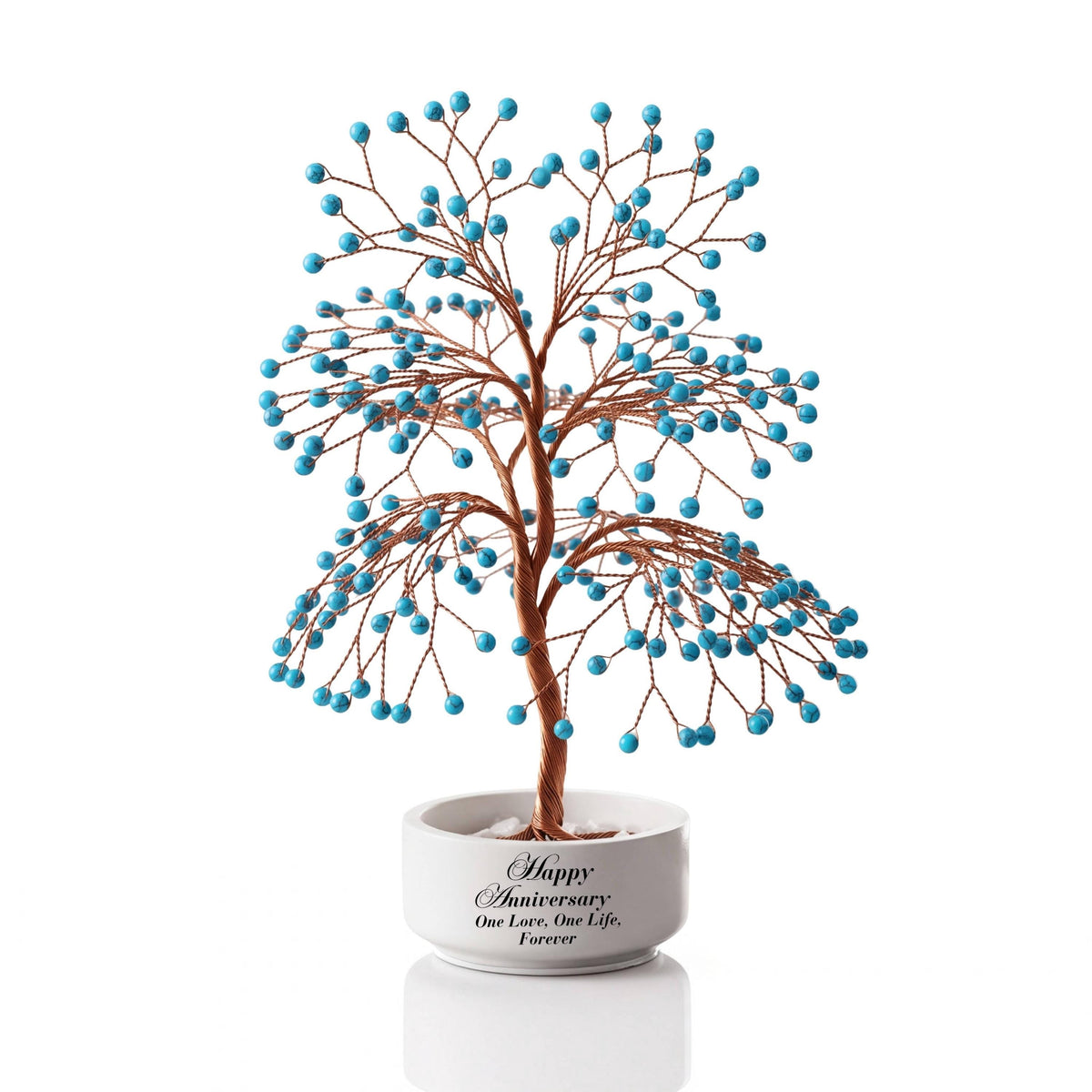 Large handmade wire Tree of Life with polished turquoise blue howlite spheres on copper wire, in a white round bowl printed with Happy Anniversary One Love, One Life, Forever