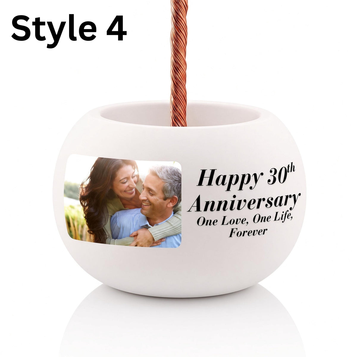 Personalization Style 4: white bowl with a large photo of a couple beside the printed anniversary text