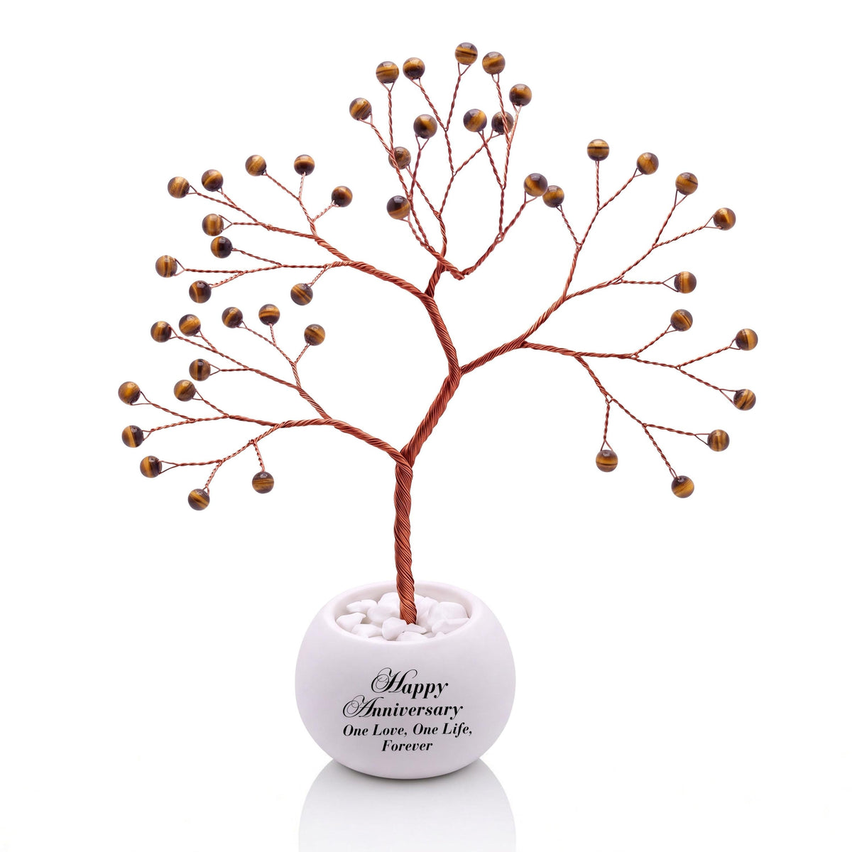 Small handmade wire Tree of Life with polished golden brown tiger's eye beads on copper wire, in a white round bowl printed with Happy Anniversary One Love, One Life, Forever