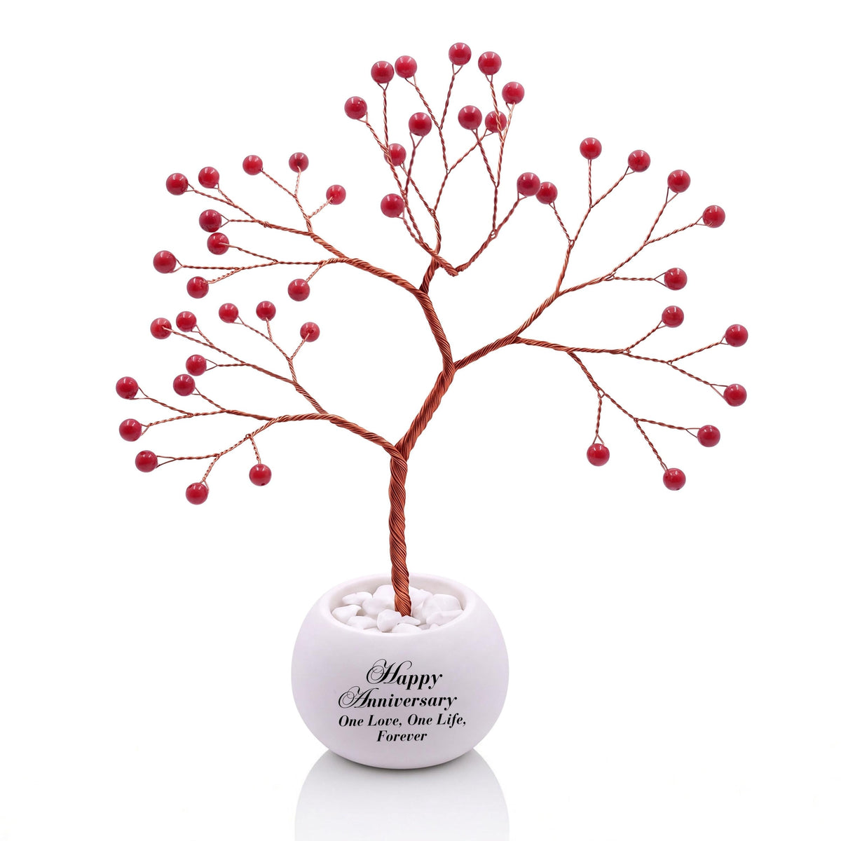 Small handmade wire Tree of Life with polished red coral beads on copper wire, in a white round bowl printed with Happy Anniversary One Love, One Life, Forever