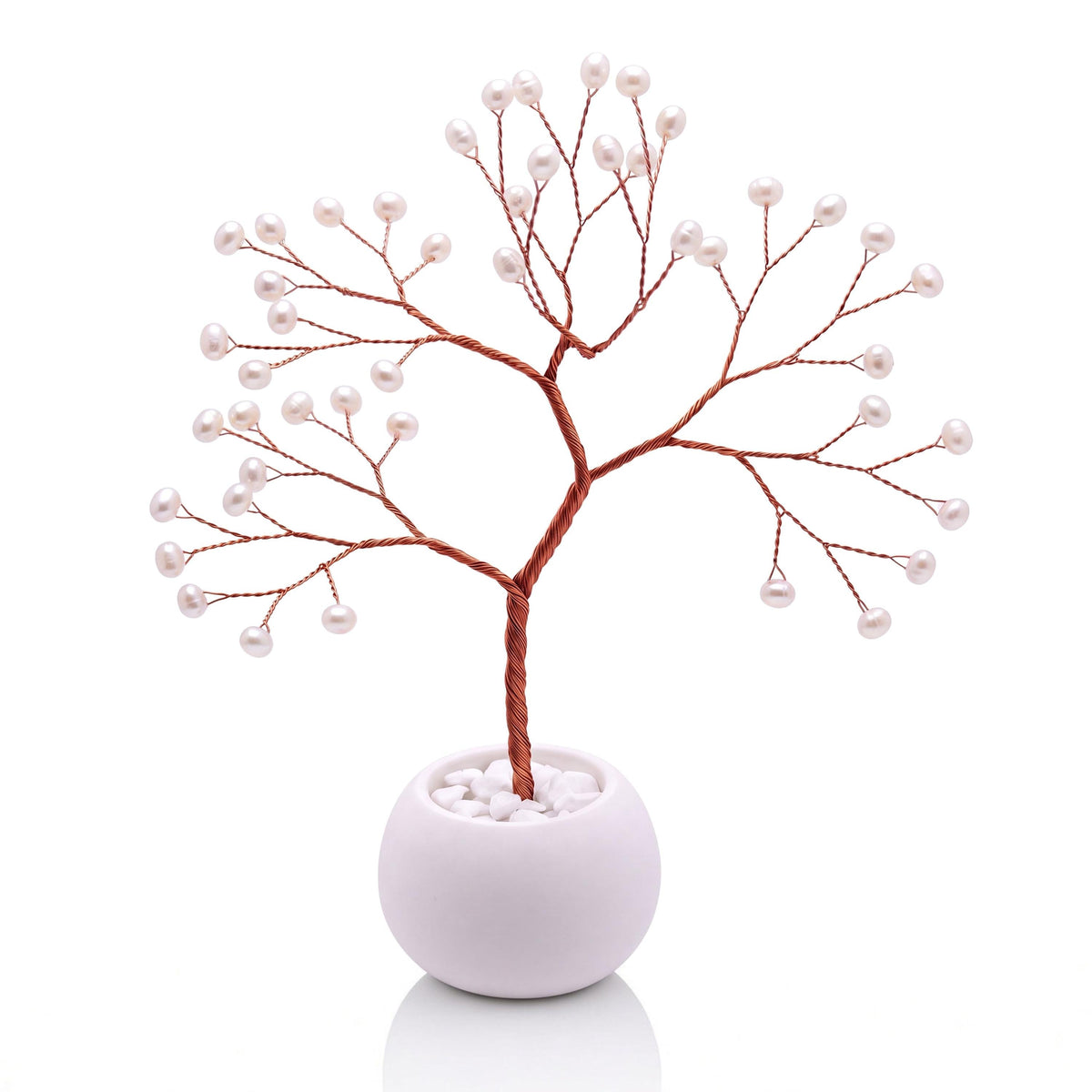 Copper wire pearl tree with 46 freshwater pearls in a plain white ceramic bowl, no personalization