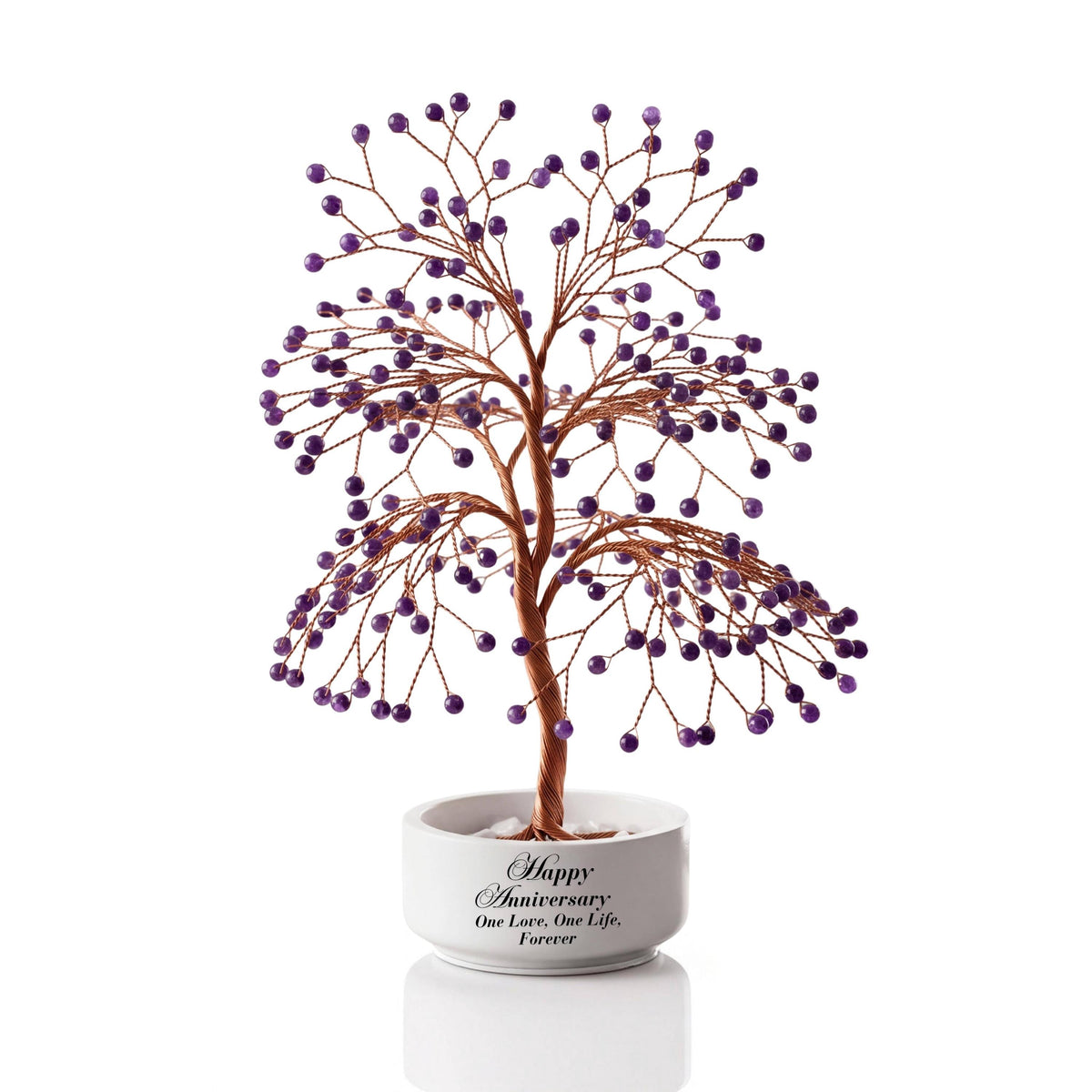 Large handmade wire Tree of Life with polished deep purple amethyst spheres on copper wire, in a white round bowl printed with Happy Anniversary One Love, One Life, Forever