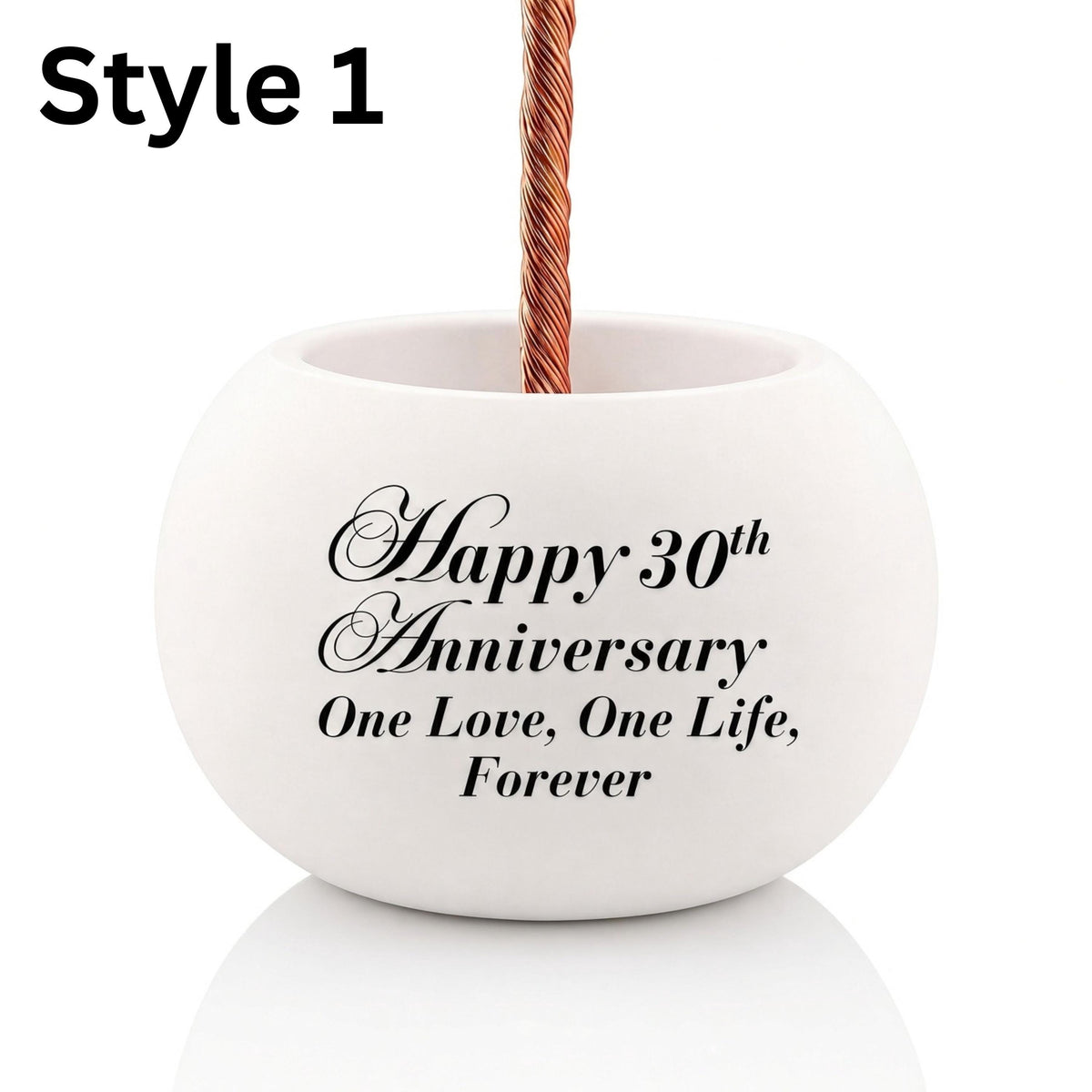 Personalization Style 1 – text only on the white ceramic bowl, Happy 30th Anniversary example