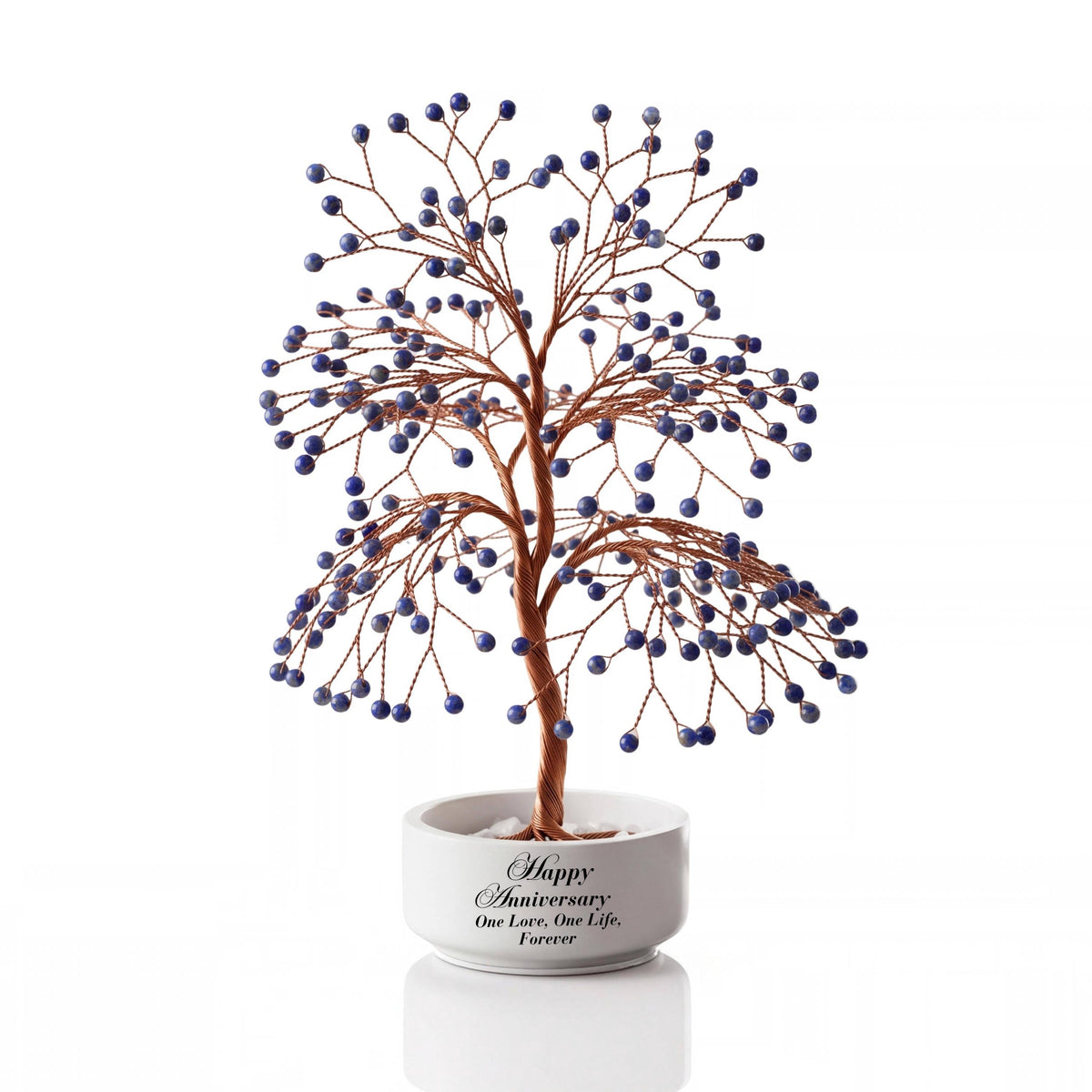 Large handmade wire Tree of Life with polished royal blue lapis lazuli spheres on copper wire, in a white round bowl printed with Happy Anniversary One Love, One Life, Forever