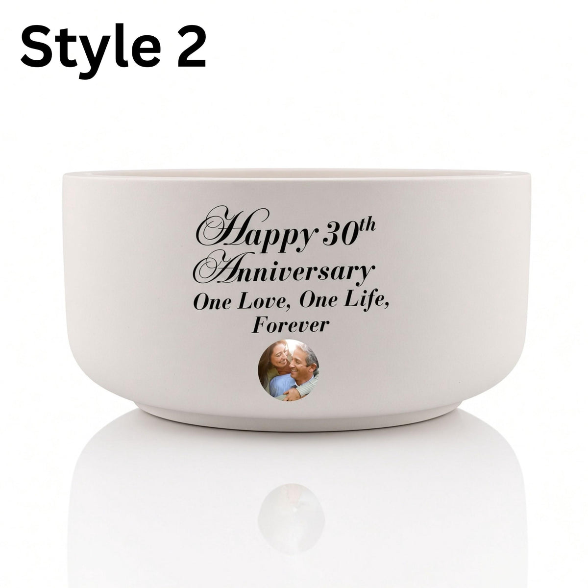 Personalization Style 2: white bowl with printed anniversary text and a small round photo of a couple