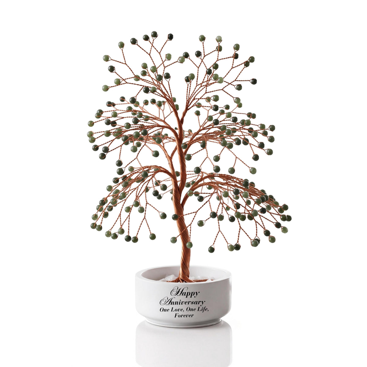 Large handmade wire Tree of Life with polished forest and sage green nephrite jade spheres on copper wire, in a white round bowl printed with Happy Anniversary One Love, One Life, Forever