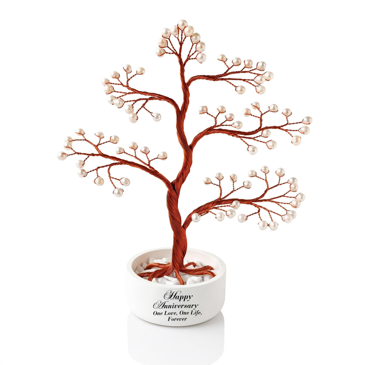 Pearl bonsai tree with 79 white freshwater pearls on pure copper wire in a white ceramic bowl printed Happy Anniversary, One Love, One Life, Forever