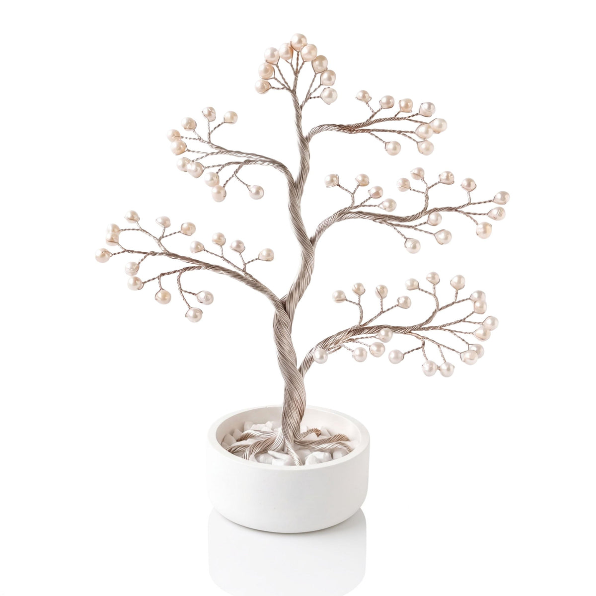 Silver-plated wire finish: pearl bonsai tree with white freshwater pearls in a white ceramic bowl