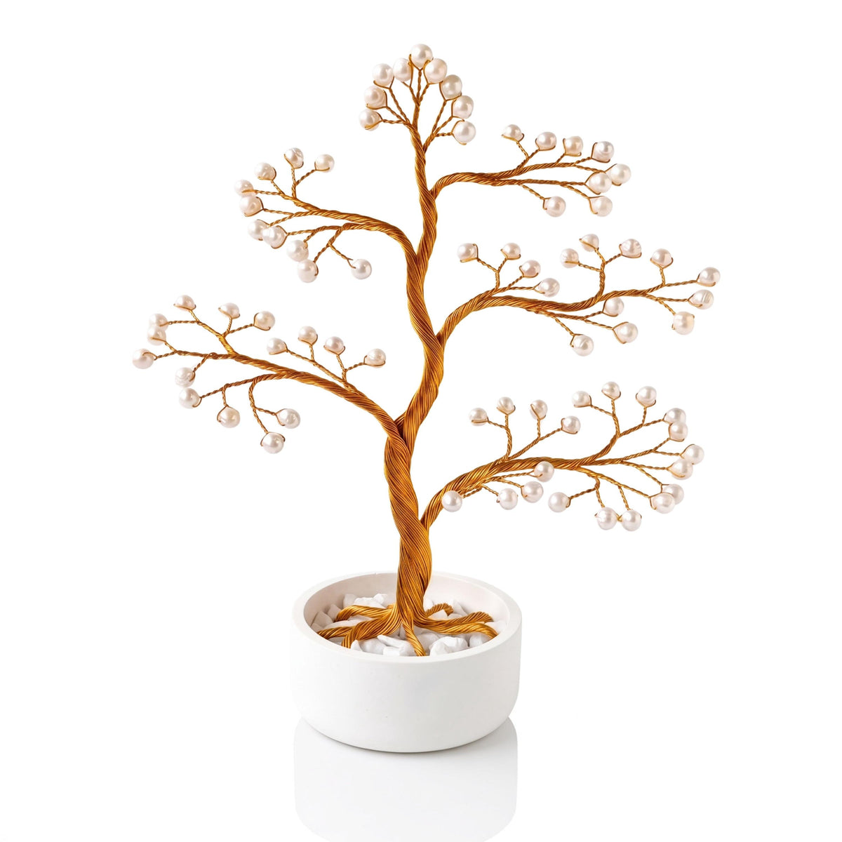 Gold-plated wire finish: pearl bonsai tree with white freshwater pearls in a white ceramic bowl