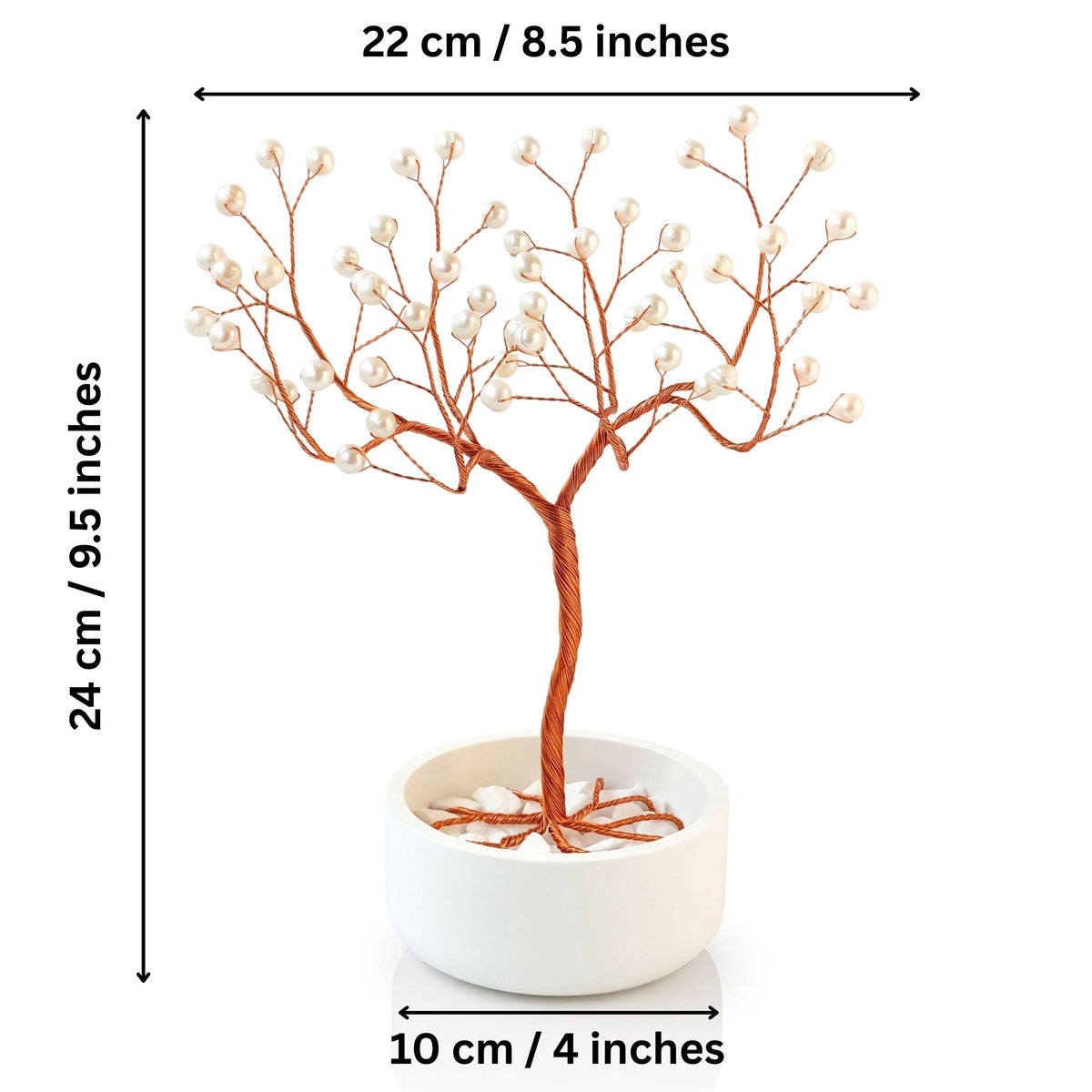 Size of the copper pearl tree: 24 cm (9.5 in) high, 22 cm (8.5 in) wide, bowl 10 cm (4 in)