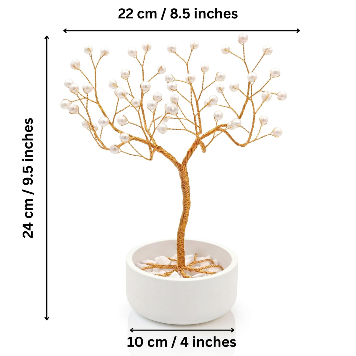 Size of the gold pearl tree: 24 cm (9.5 in) high, 22 cm (8.5 in) wide, bowl 10 cm (4 in)