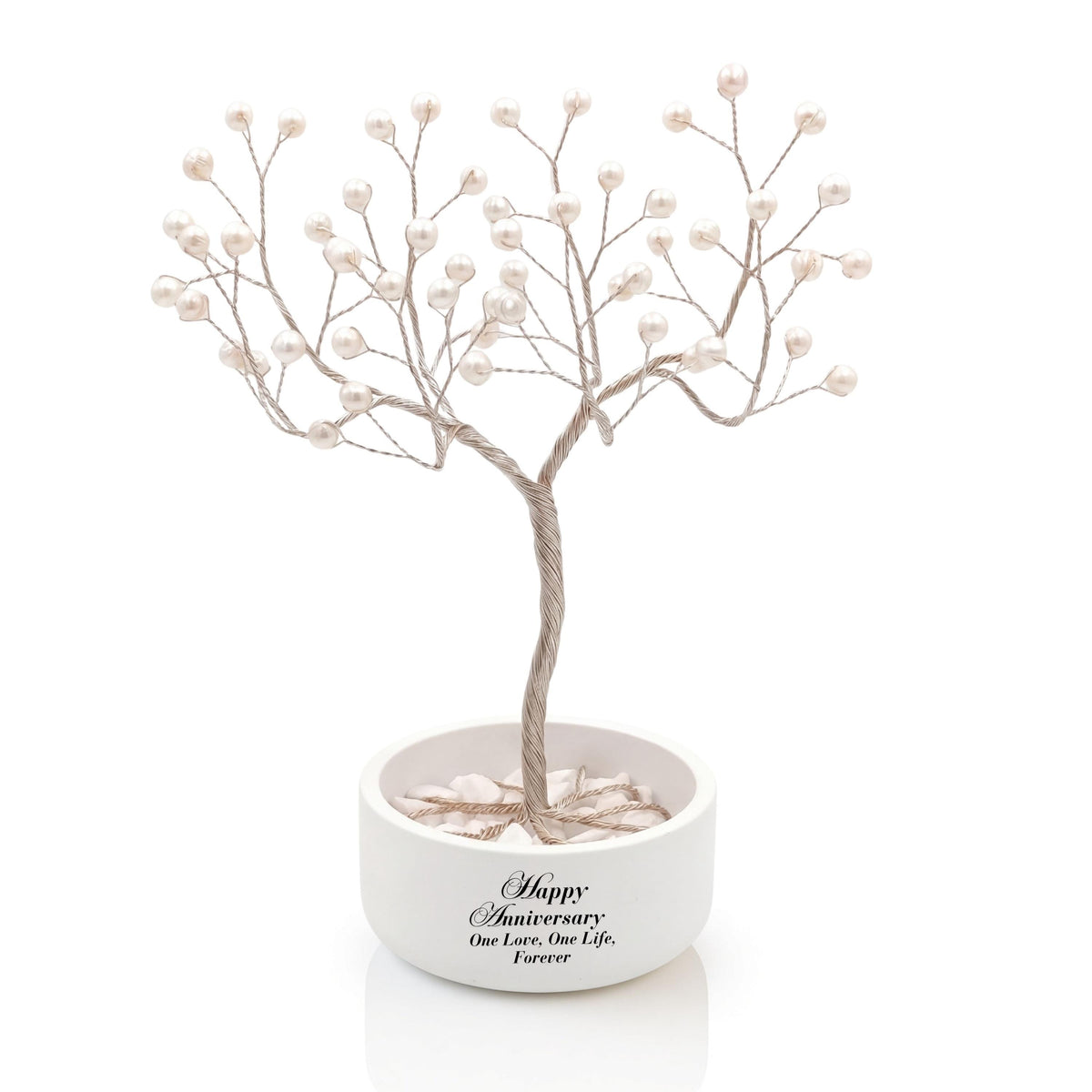Silver Tree of Life with 54 white freshwater pearls in a white ceramic bowl printed Happy Anniversary, One Love, One Life, Forever