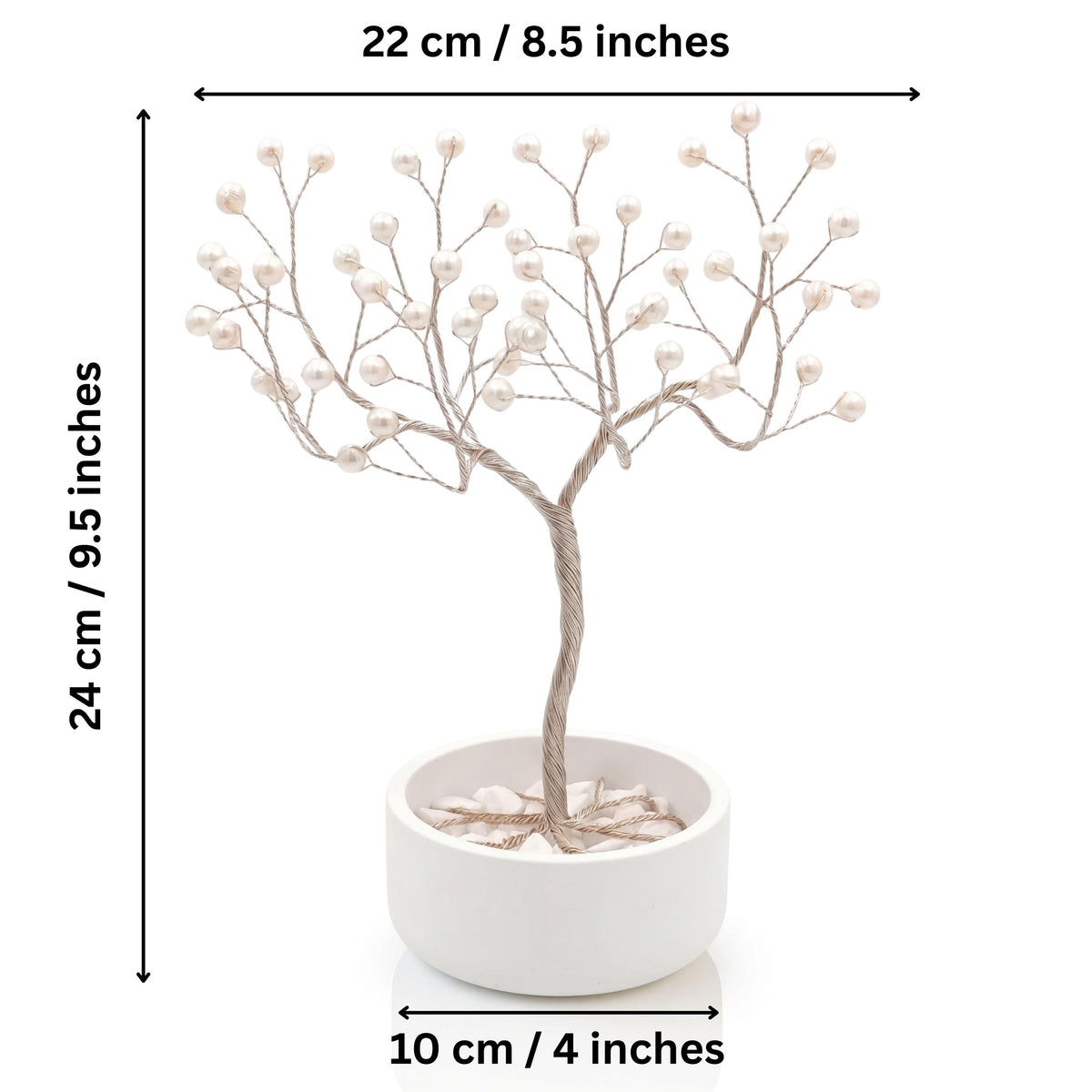 Size of the silver pearl tree: 24 cm (9.5 in) high, 22 cm (8.5 in) wide, bowl 10 cm (4 in)