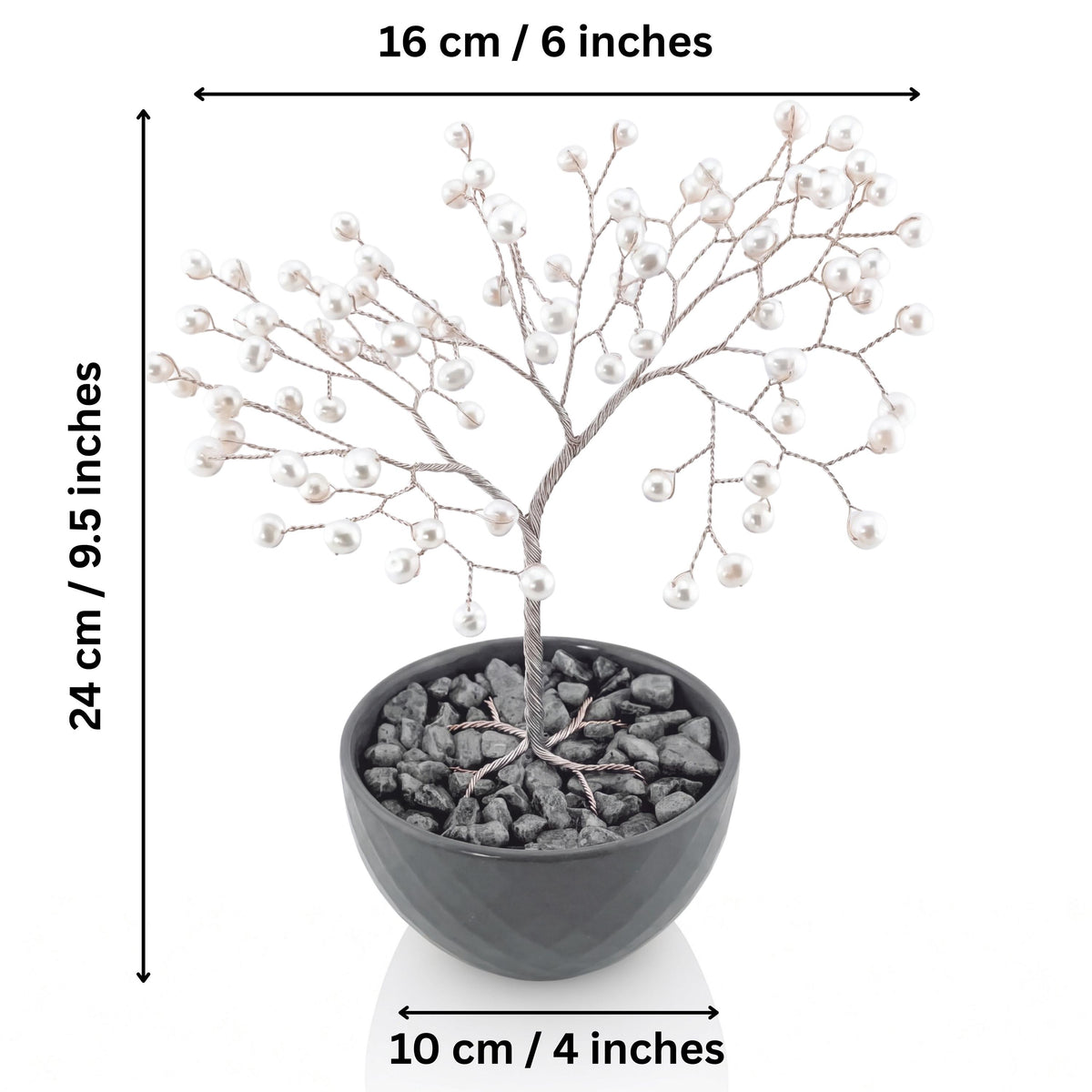 Pearl tree dimensions: 24 cm (9.5 in) tall, 16 cm (6 in) wide, 10 cm (4 in) bowl