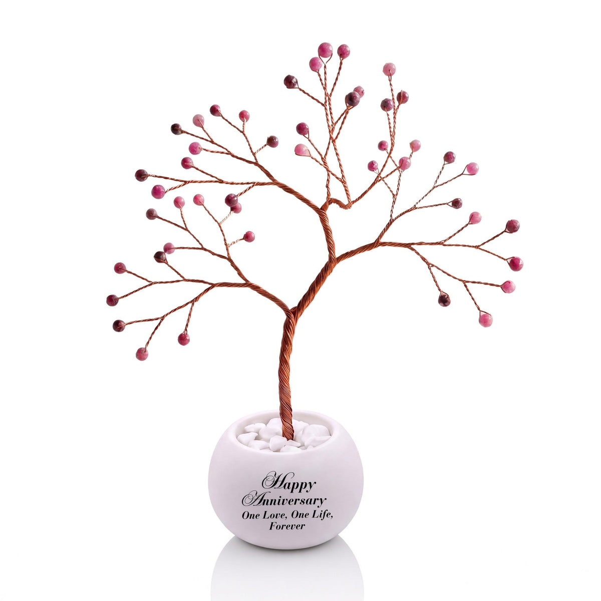 Small handmade wire Tree of Life with faceted ruby beads on copper wire, in a white round bowl printed with Happy Anniversary One Love, One Life, Forever