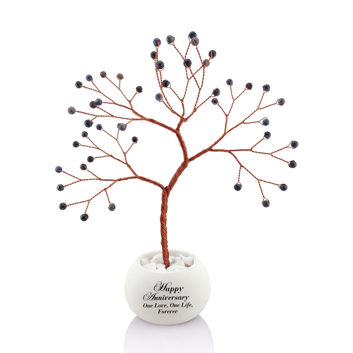 Small handmade wire Tree of Life with dark navy faceted sapphire beads on copper wire, in a white round bowl printed with Happy Anniversary One Love, One Life, Forever