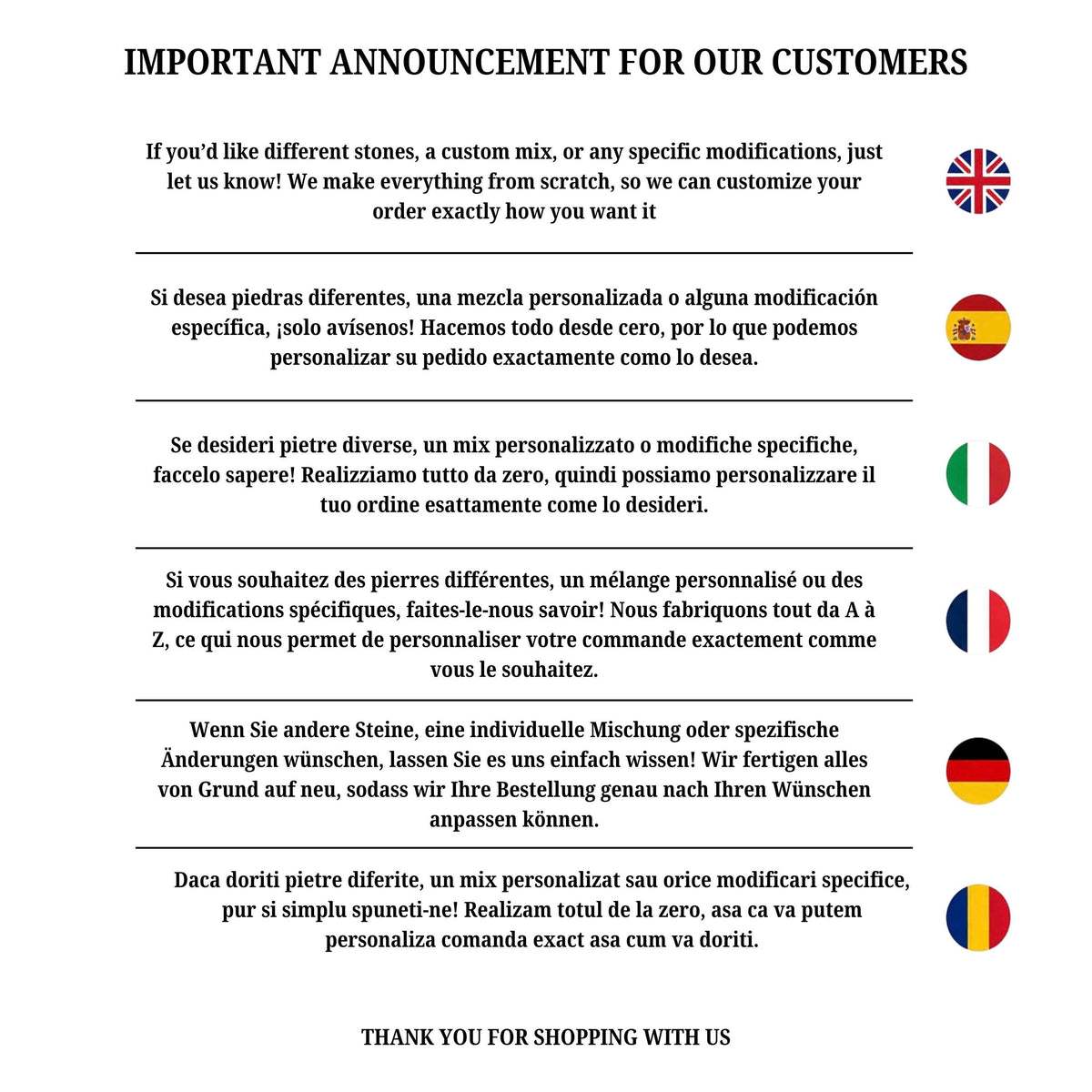 Notice that custom stones and colours are possible, in several languages