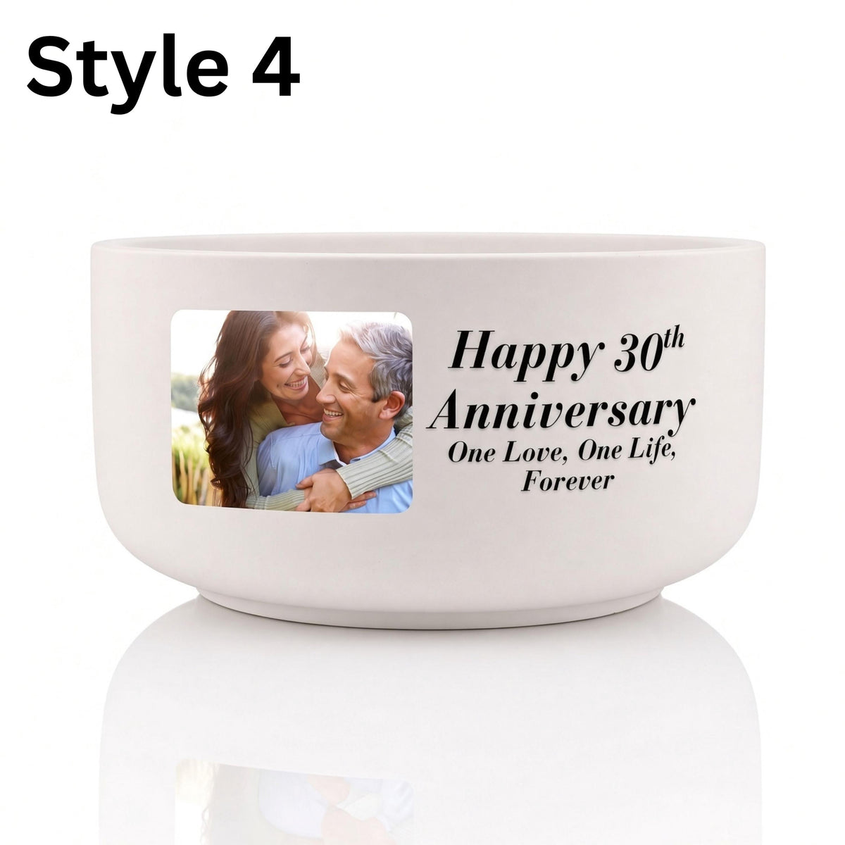 Personalization Style 4, white bowl with custom text and a large couple photo
