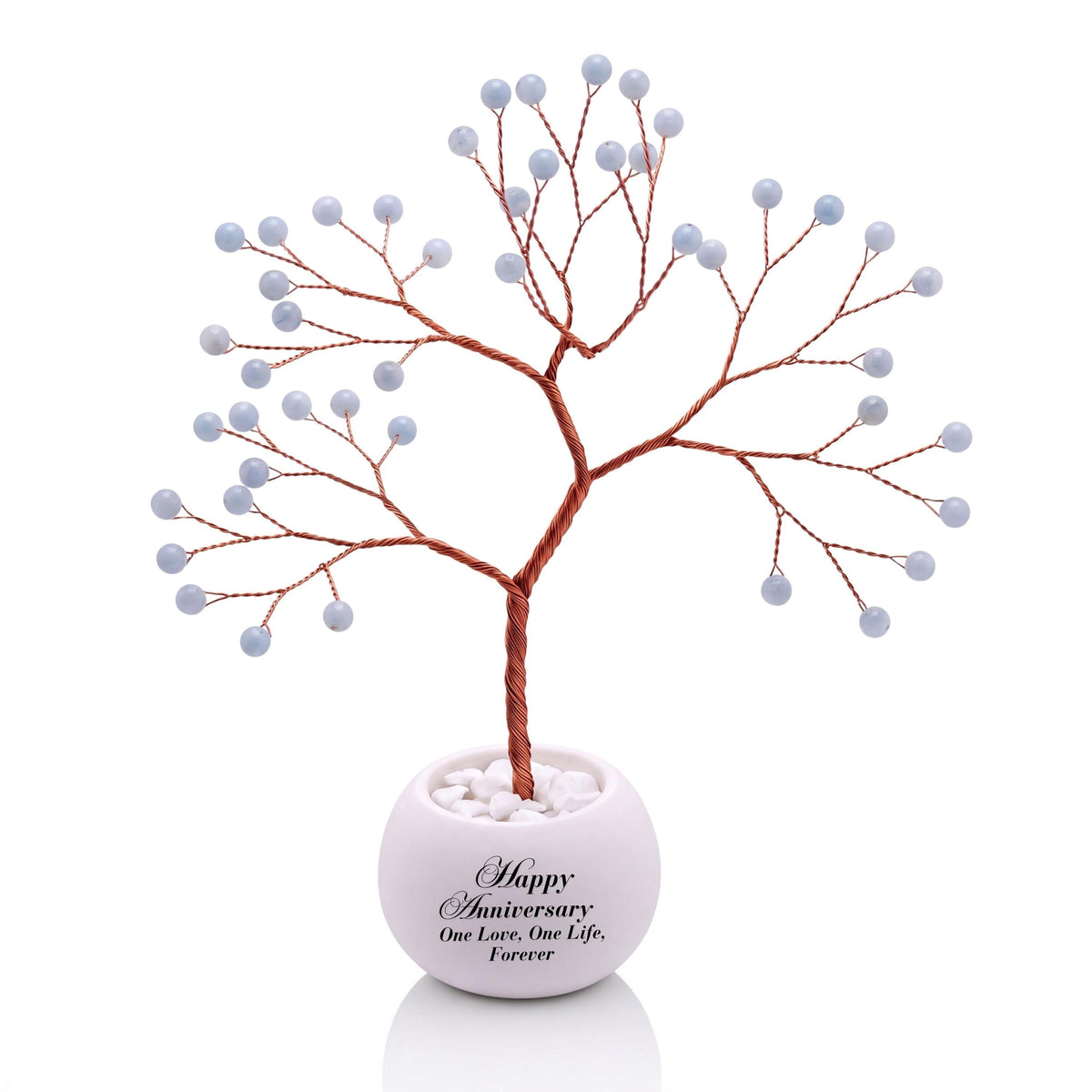 Small handmade wire Tree of Life with polished powder blue angelite beads on copper wire, in a white round bowl printed with Happy Anniversary One Love, One Life, Forever