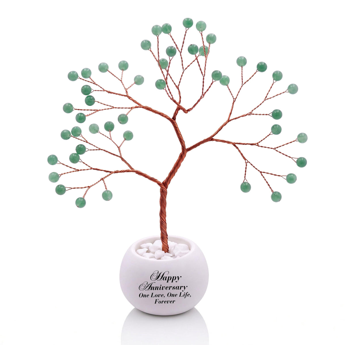 Small handmade wire Tree of Life with polished sage green aventurine beads on copper wire, in a white round bowl printed with Happy Anniversary One Love, One Life, Forever