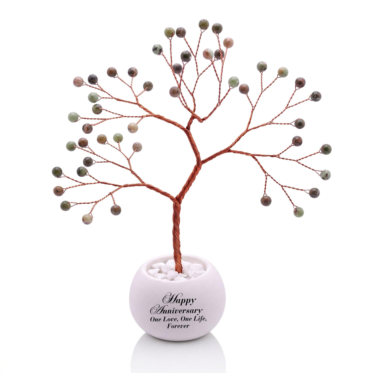 Small handmade wire Tree of Life with polished pistachio green opal beads on copper wire, in a white round bowl printed with Happy Anniversary One Love, One Life, Forever