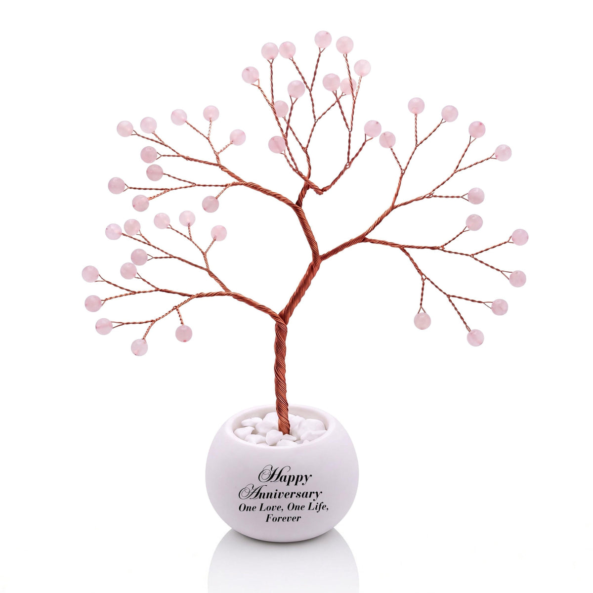 Small handmade wire Tree of Life with polished soft pink rose quartz beads on copper wire, in a white round bowl printed with Happy Anniversary One Love, One Life, Forever