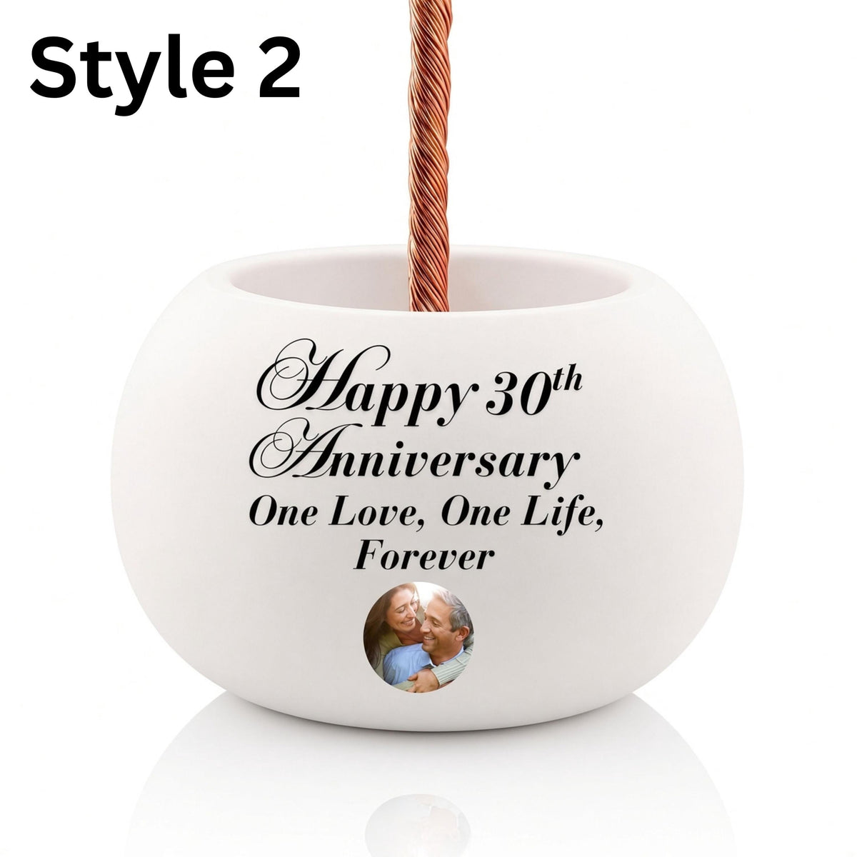 Personalization Style 2: white bowl with printed anniversary text and a small round photo of a couple