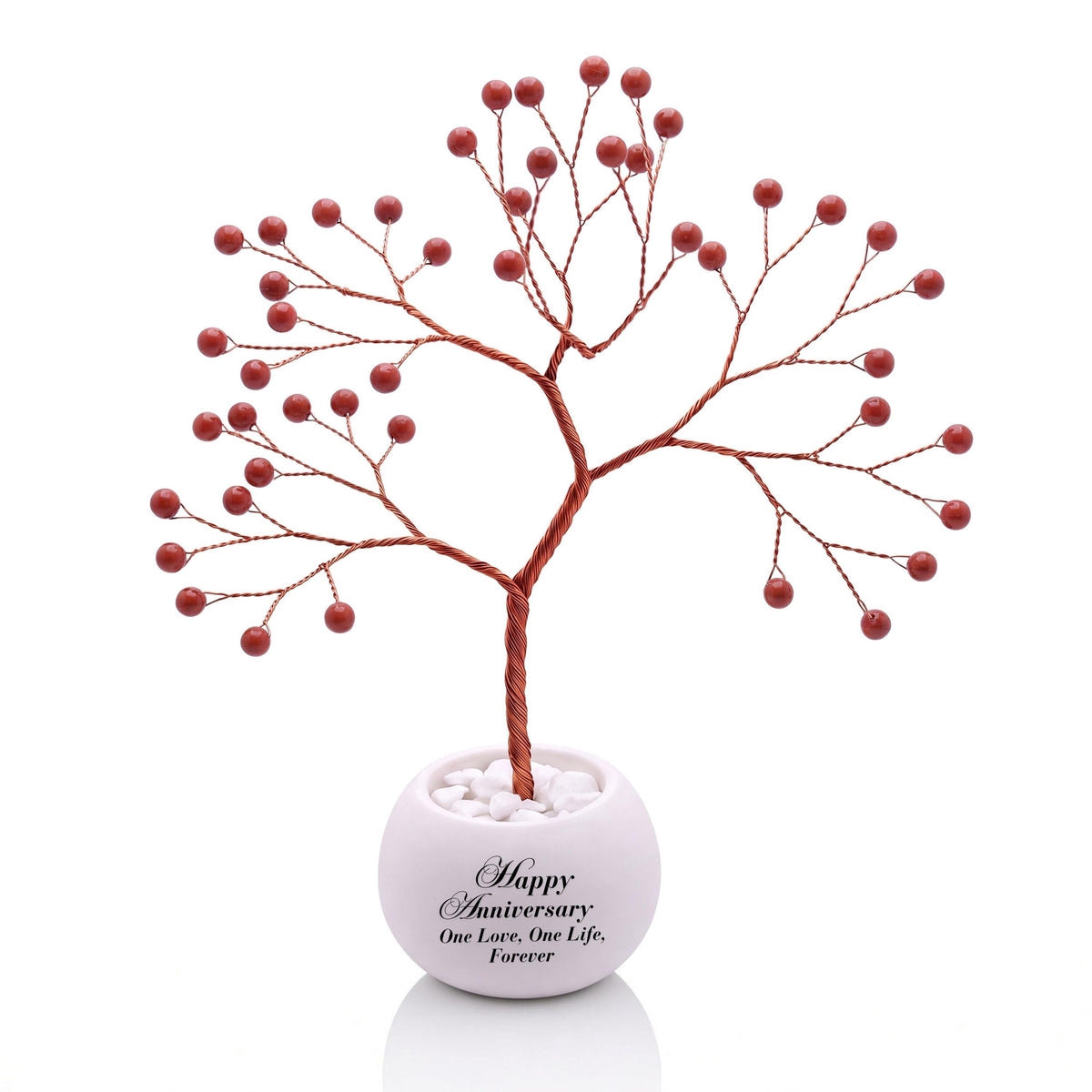 Small handmade wire Tree of Life with polished brick red jasper beads on copper wire, in a white round bowl printed with Happy Anniversary One Love, One Life, Forever