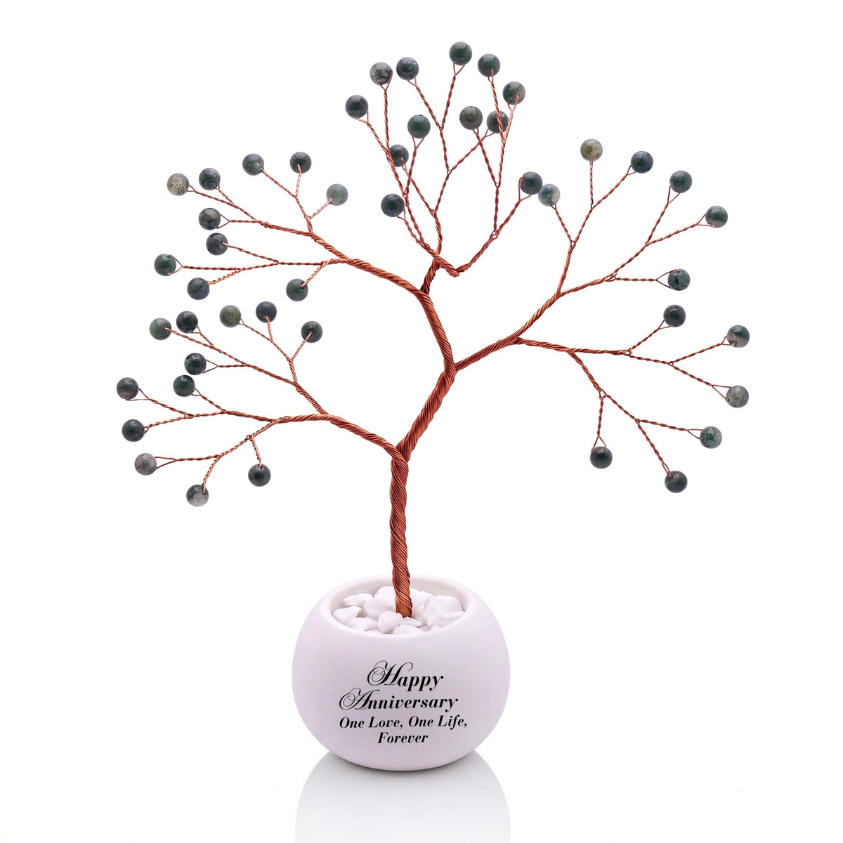 Small handmade wire Tree of Life with polished deep forest green moss agate beads on copper wire, in a white round bowl printed with Happy Anniversary One Love, One Life, Forever
