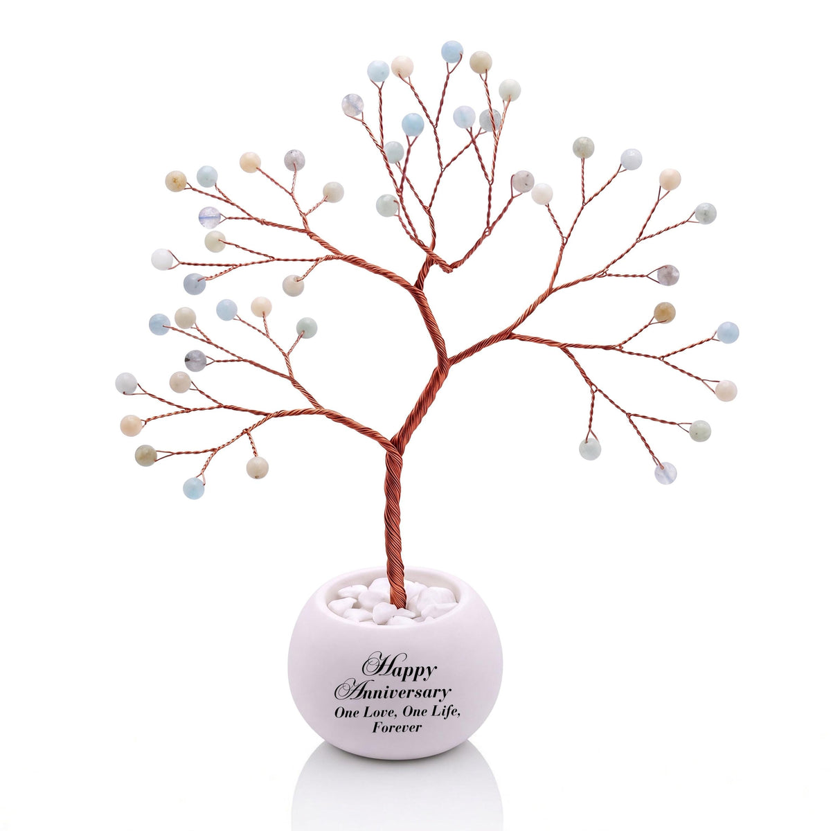 Small handmade wire Tree of Life with polished milky sea blue aquamarine beads on copper wire, in a white round bowl printed with Happy Anniversary One Love, One Life, Forever