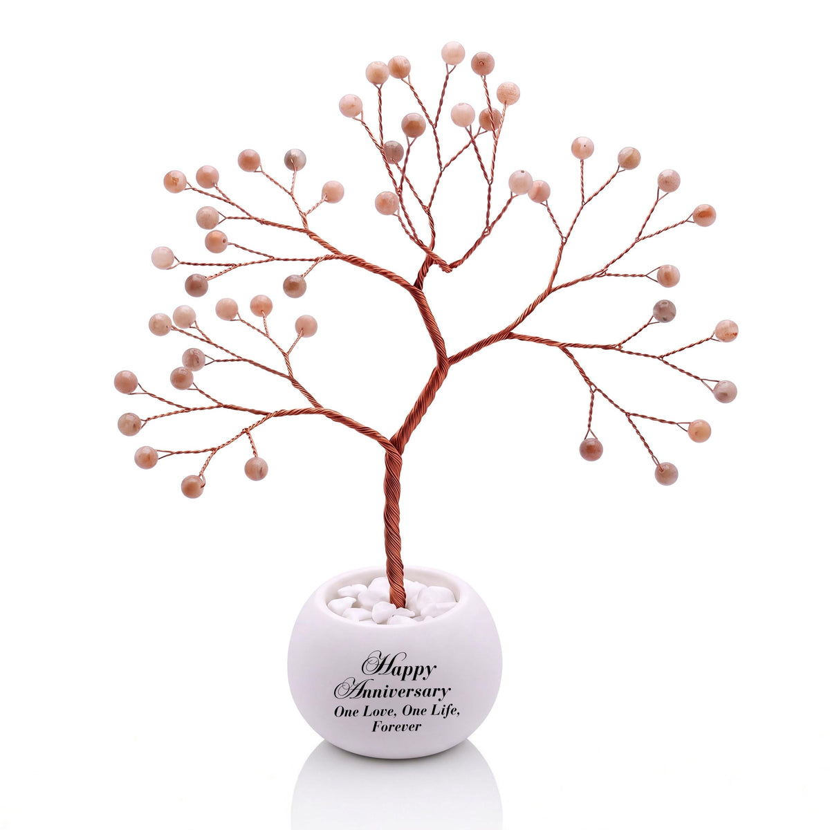 Small handmade wire Tree of Life with polished tangerine orange moonstone beads on copper wire, in a white round bowl printed with Happy Anniversary One Love, One Life, Forever