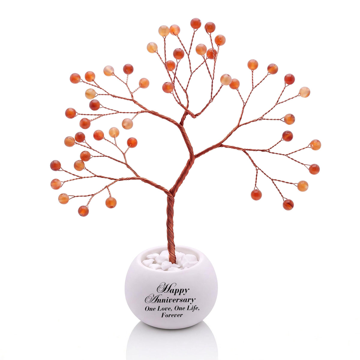 Small handmade wire Tree of Life with polished marmalade orange carnelian beads on copper wire, in a white round bowl printed with Happy Anniversary One Love, One Life, Forever