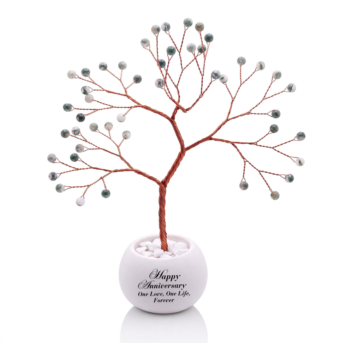 Small handmade wire Tree of Life with polished snowy white and fir green tree agate beads on copper wire, in a white round bowl printed with Happy Anniversary One Love, One Life, Forever