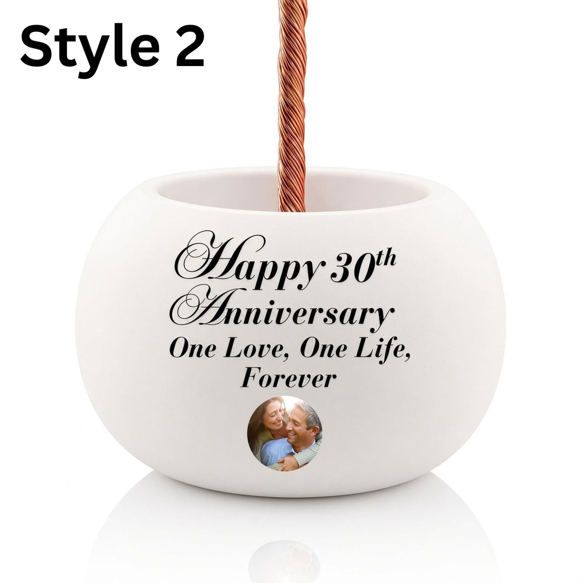 Personalization Style 2: white bowl with printed anniversary text and a small round photo of a couple
