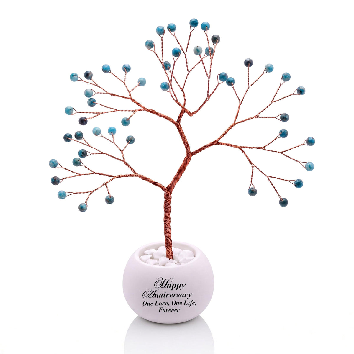 Small handmade wire Tree of Life with polished teal blue apatite beads on copper wire, in a white round bowl printed with Happy Anniversary One Love, One Life, Forever