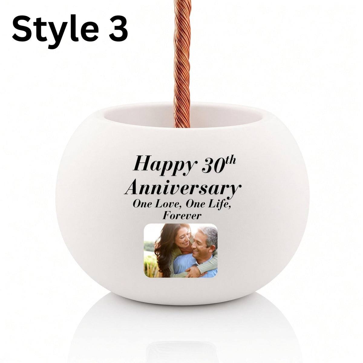 Personalization Style 3: white bowl with printed anniversary text and a medium photo of a couple
