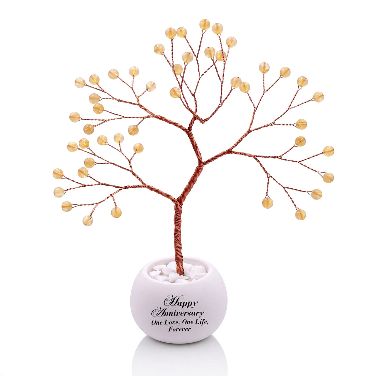 Small handmade wire Tree of Life with polished honey yellow citrine beads on copper wire, in a white round bowl printed with Happy Anniversary One Love, One Life, Forever