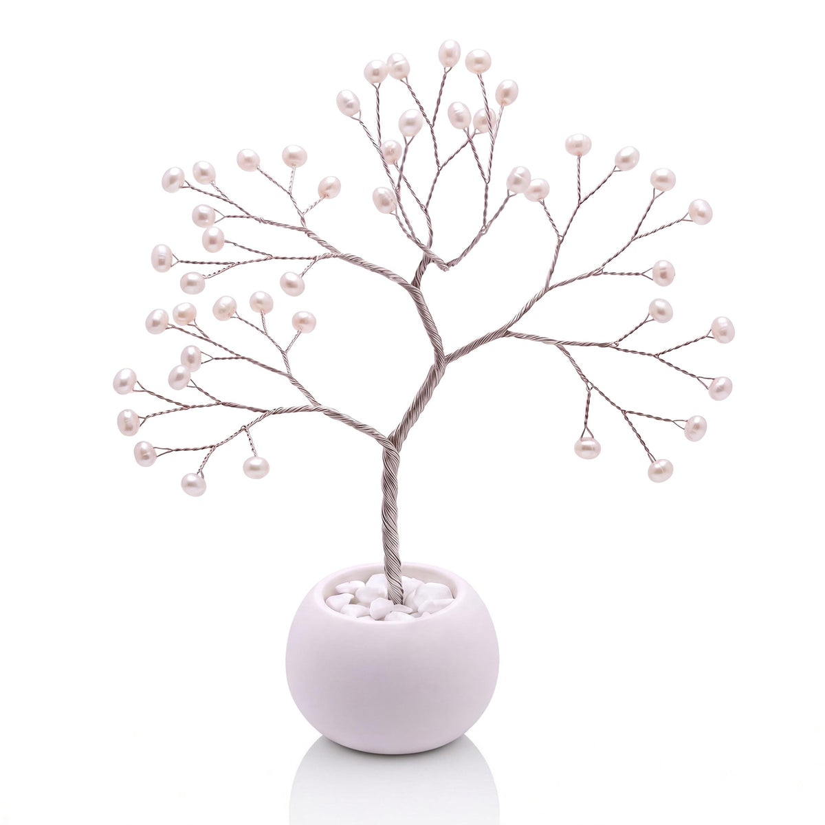 Silver wire pearl tree with 46 freshwater pearls in a plain white ceramic bowl, no personalization