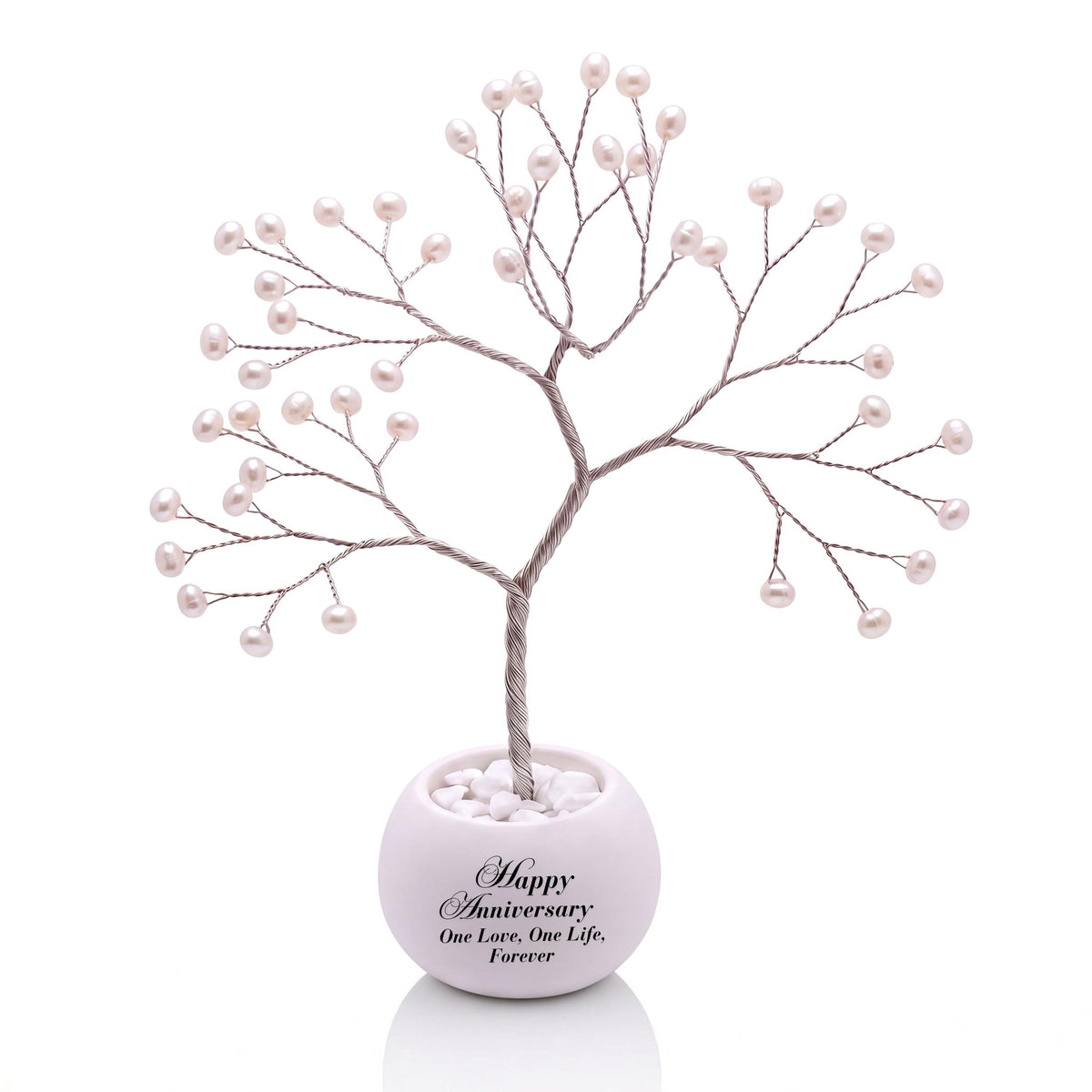 Handmade silver Tree of Life with 46 freshwater pearls in a white ceramic bowl personalized with a Happy Anniversary message