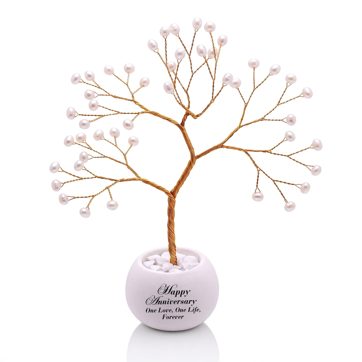 Handmade gold Tree of Life with 46 white freshwater pearls in a white ceramic bowl personalized with a Happy Anniversary message