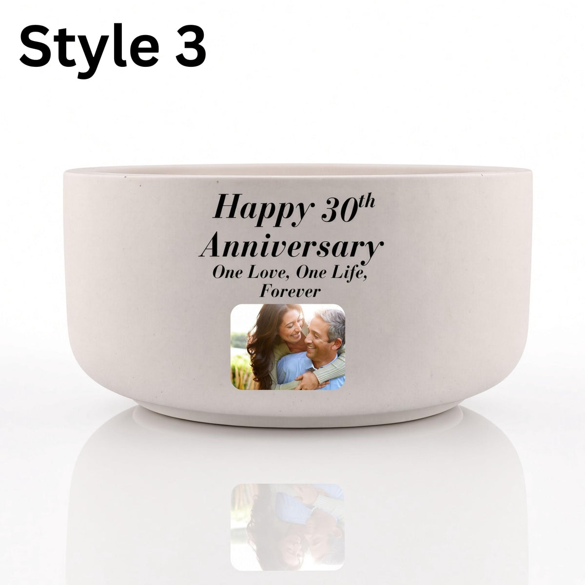 Personalization Style 3: white ceramic bowl with anniversary text and a medium photo