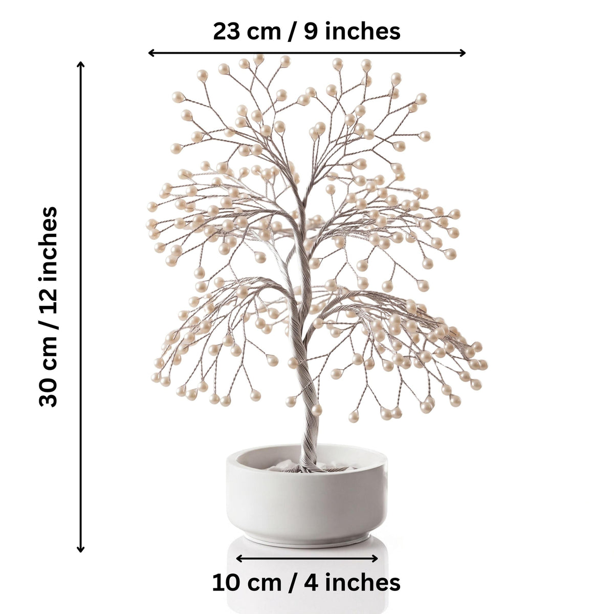 Size of the white pearl tree: 30 cm (12 in) high, 23 cm (9 in) wide, bowl 10 cm (4 in)